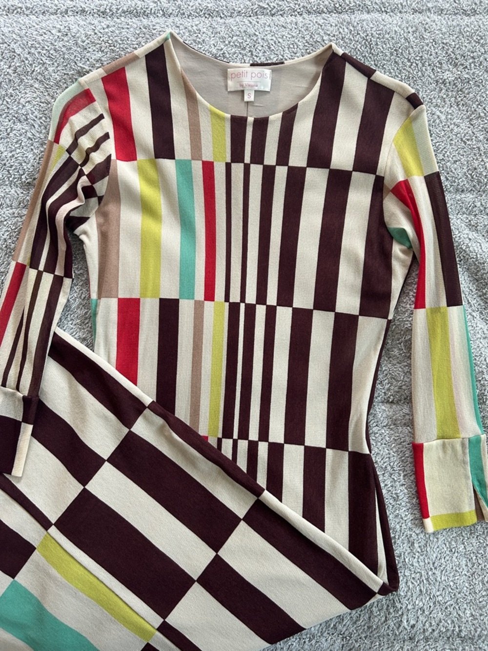 Petit Pois Geometric Stripe Dress in Cream & Brown with Color Accents